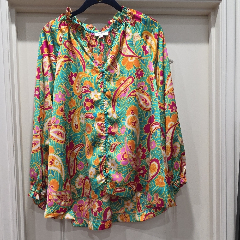 Umgee Teal, Pink & Yellow Paisley Button-Down Blouse